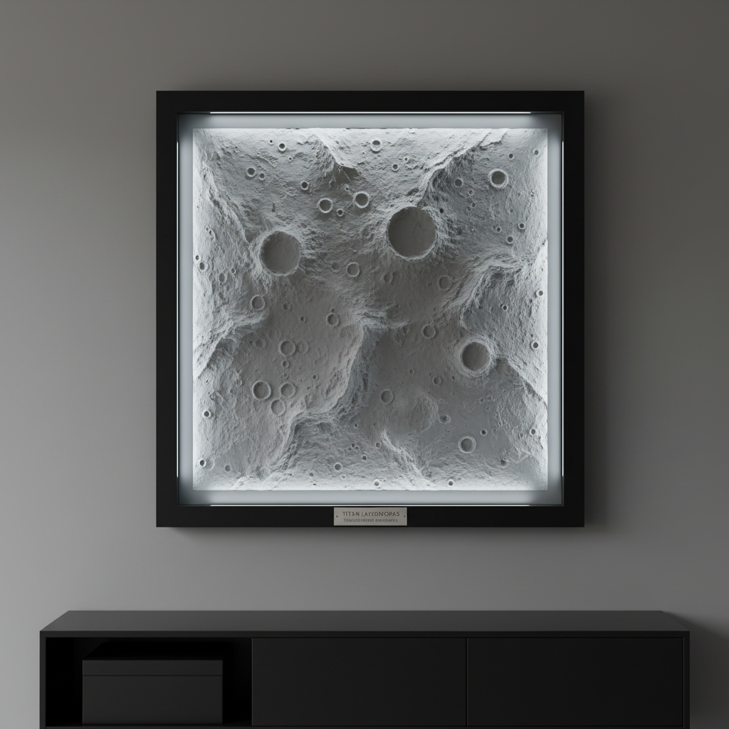 A highly detailed illuminated 3D printed lunar surface display, featuring craters and ridges in pale grey, slightly rough-textured PLA, mounted within a deep black shadow-box style frame. Cool, low-profile LEDs embedded around the inner frame edge cast angled light across the terrain, exaggerating the topography and creating sharp, miniature shadows. The piece hangs on a smooth, mid-tone grey wall above a minimalist black sideboard with a single closed storage box. The overall room is dim, with only a faint ambient fill light, allowing the artwork’s lighting to dominate. Photographic realism, captured straight-on with sharp focus throughout and a clean, gallery-like composition, emphasising Titan Layerworks’ ability to transform memories and themes into striking illuminated wall art.