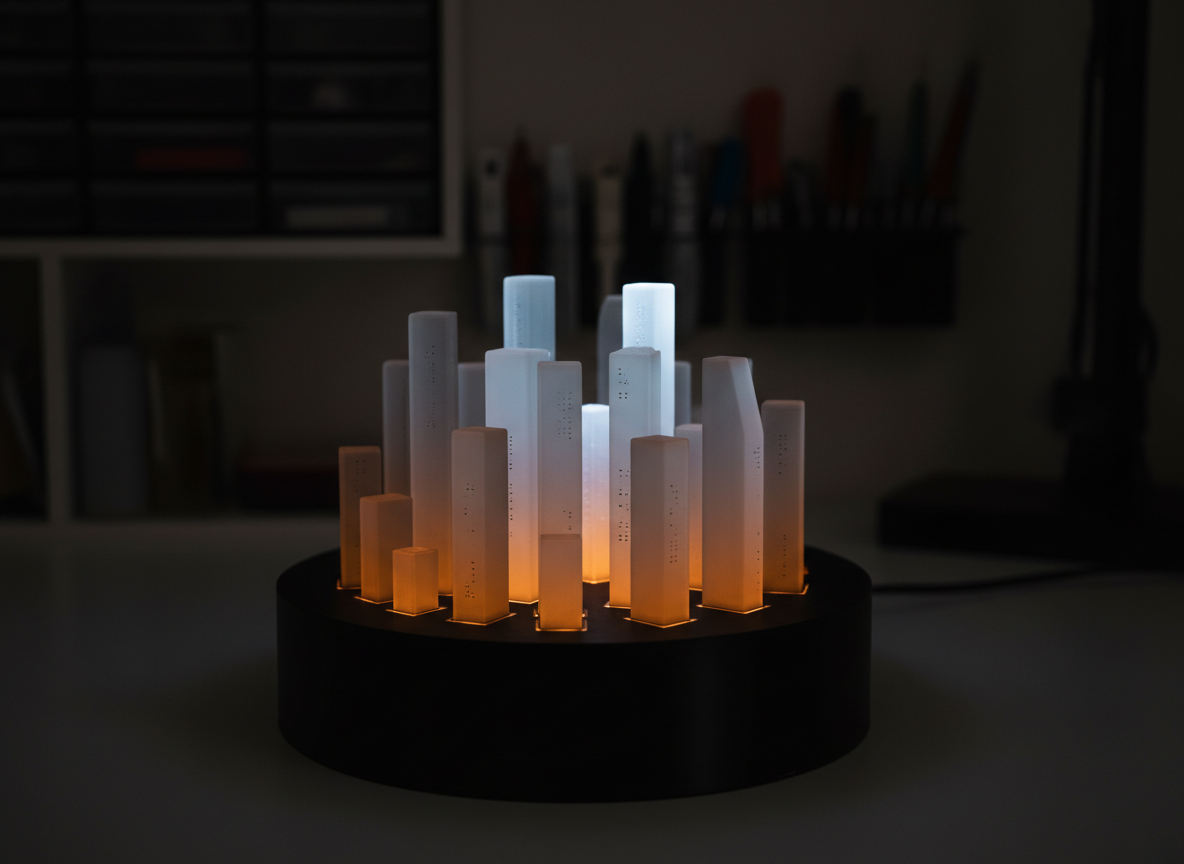 A compact, illuminated 3D printed cityscape diorama, featuring minimalist skyscrapers in semi-translucent frosted resin, each building internally lit with subtle gradient LEDs fading from warm amber at the base to cool white at the top. The model is displayed on a matte black pedestal inside a dim, refined studio environment, with only distant shelves and organised tools barely visible. The primary light comes from the piece itself, supplemented by very soft overhead fill light that reveals delicate print layers and tiny engraved windows. Photographic realism, captured from a slightly elevated angle, with a shallow depth of field and dramatic contrast, creating a sophisticated, almost cinematic mood that showcases the artistry of bespoke display pieces.